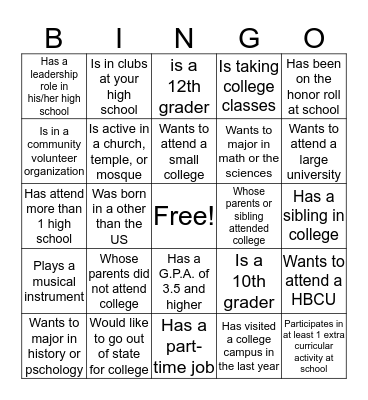 College Bound Bingo Card
