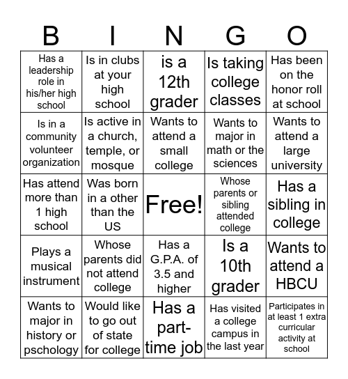College Bound Bingo Card
