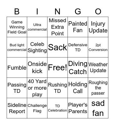 Football Bingo! 2nd Half Bingo Card