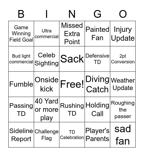 Football Bingo! 2nd Half Bingo Card