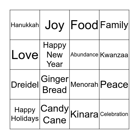 PCC Holiday Bingo Card