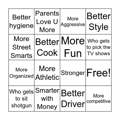 Sibling Rivalry Bingo Card