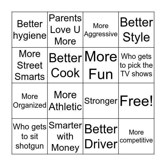 Sibling Rivalry Bingo Card