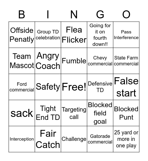 Football Bingo! 1st Half Bingo Card