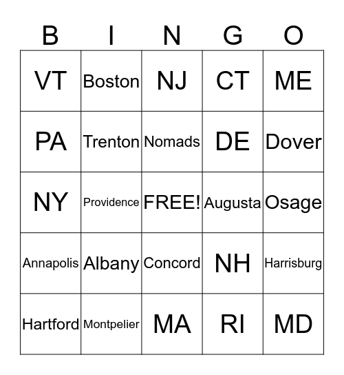 Northeast States/Capitals Bingo Card