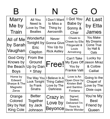 Love Song Bingo Card