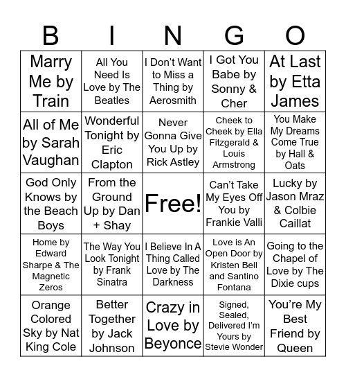 Love Song Bingo Card