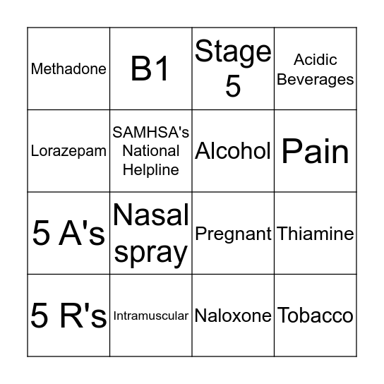 Substance Use Disorder Bingo Card