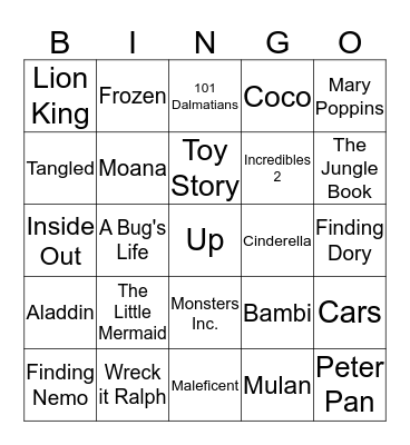 Disney Pixar Movies Bingo Card