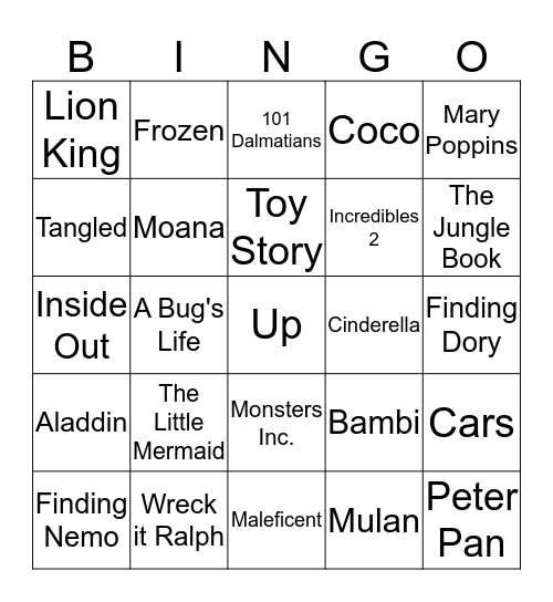 Disney Pixar Movies Bingo Card