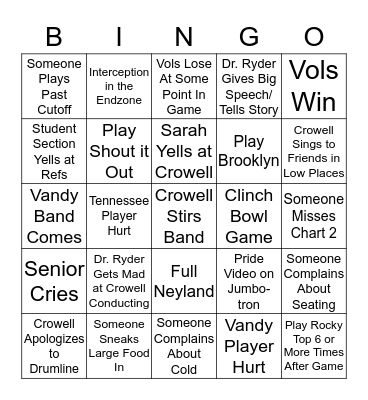 Vandy Game Bingo Card