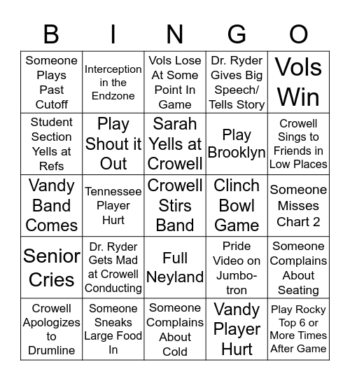 Vandy Game Bingo Card