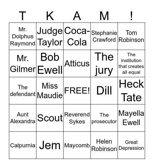 TKAM Chapter 20 Bingo Card