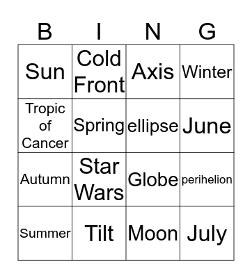 Seasons Bingo Card