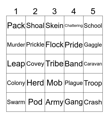 COLLECTIVE ANIMAL NAMES Bingo Card