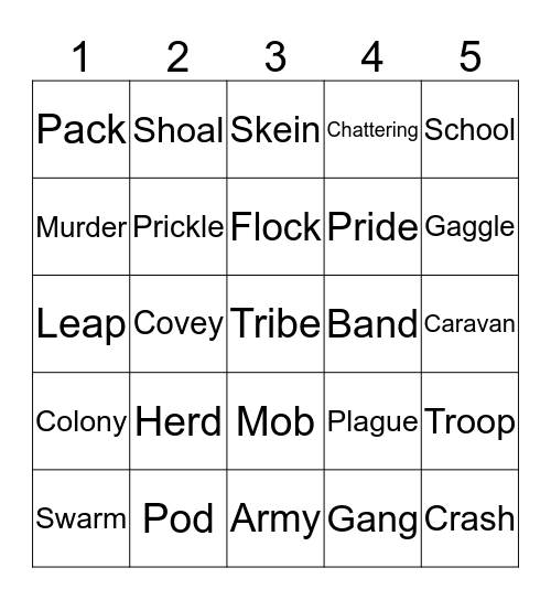 COLLECTIVE ANIMAL NAMES Bingo Card