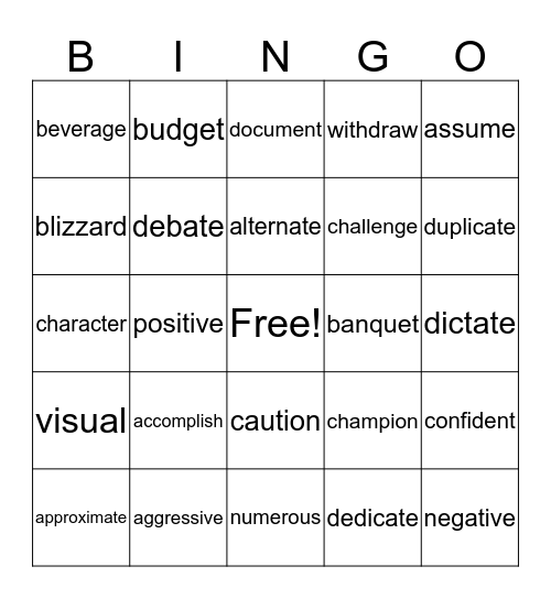 VOCABULARY Bingo Card