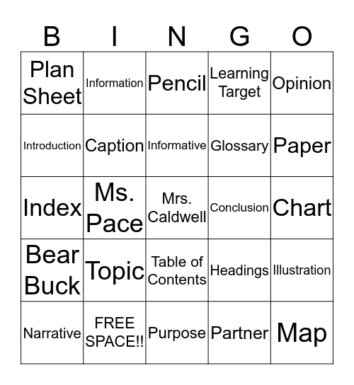 Informative Writing Bingo Card