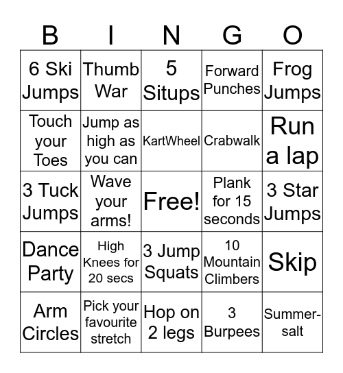 Fitness Bingo Card