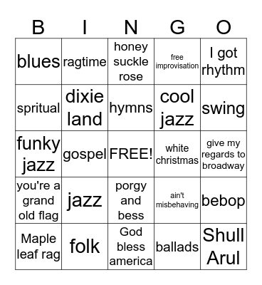 american music bingo Card