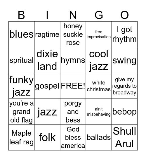 american music bingo Card
