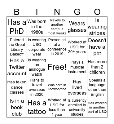 Library Staff planning day 2019 Bingo Card