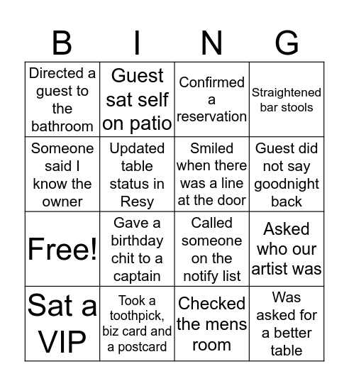 Host Team Bingo Card