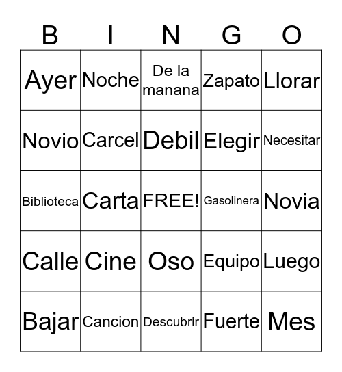 Spanish lesson 4 bingo  Bingo Card