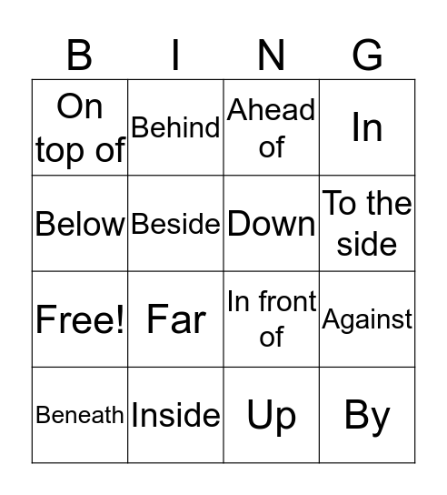 Prepositions Bingo Card