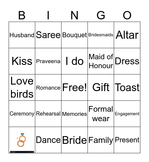 Prav's Bridal Shower Bingo Card