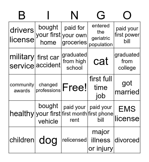 LIFE MOMENTS Bingo Card