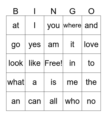 Sight Words Bingo Card