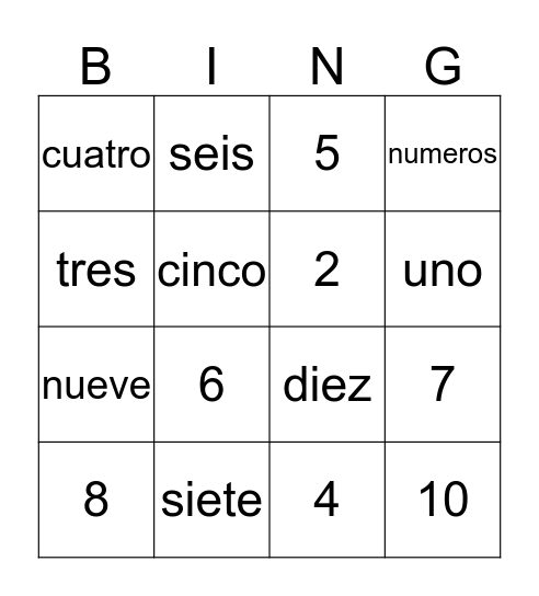 Numeros del cero al diez  Bingo Card