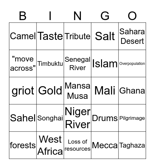 Africa in the Middle Ages Bingo Card