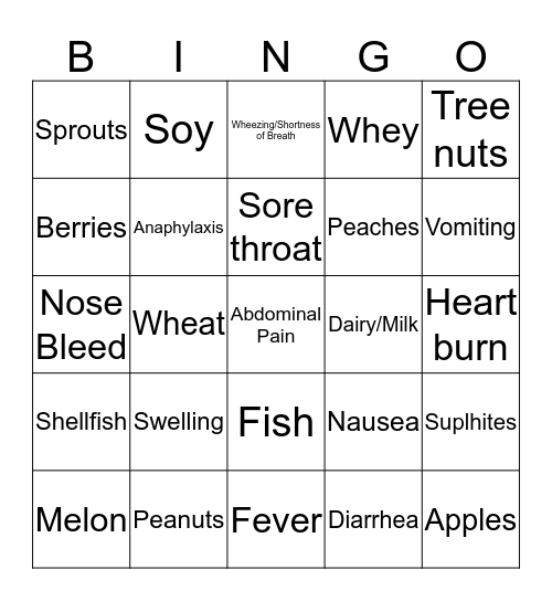 Allergen Bingo Card