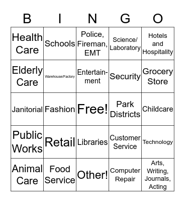 Career Fields Bingo Card