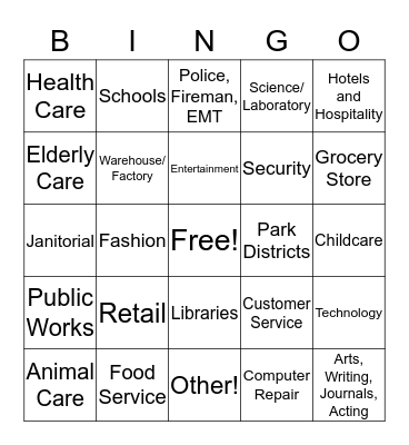 Career Fields Bingo Card