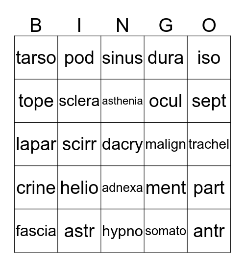 Lesson 7 medical terms Bingo Card