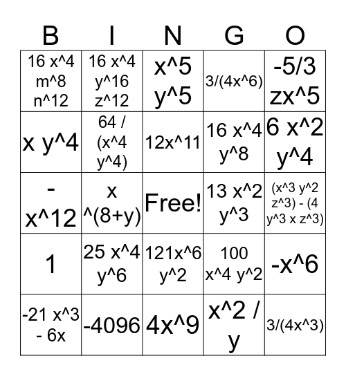 Exponent Rules Bingo Card