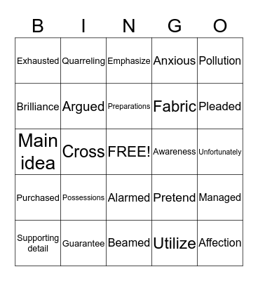 Vocabulary Bingo Card