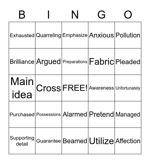 Vocabulary Bingo Card