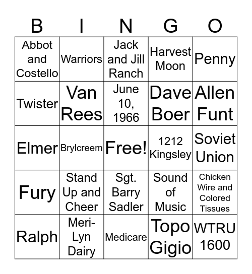 55th Reunion WMCHS Class of 1966 Bingo Card