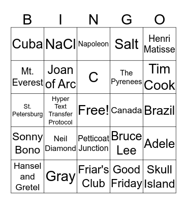 Gleason's Trivial Bingo #3 Bingo Card