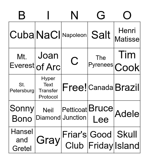 Gleason's Trivial Bingo #3 Bingo Card
