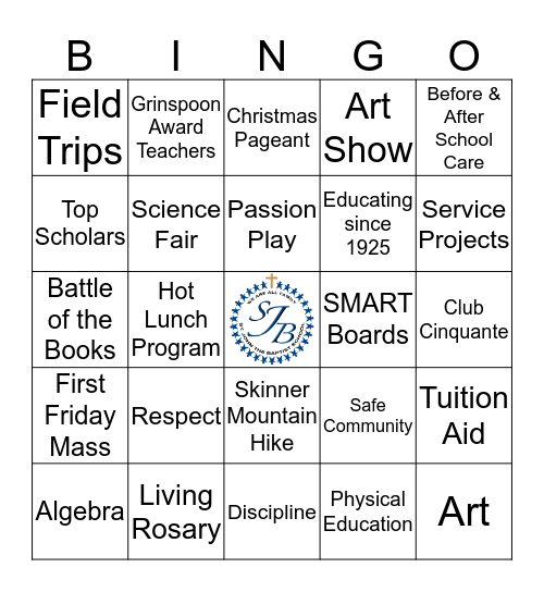 SJB School Bingo Card