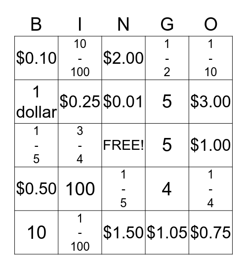 Pennies, Dimes and Dollars Bingo Card