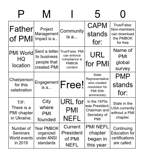 PMI Fun Facts Bingo Card