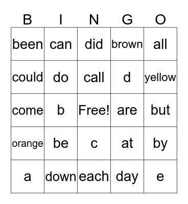 Sight Words Bingo Card