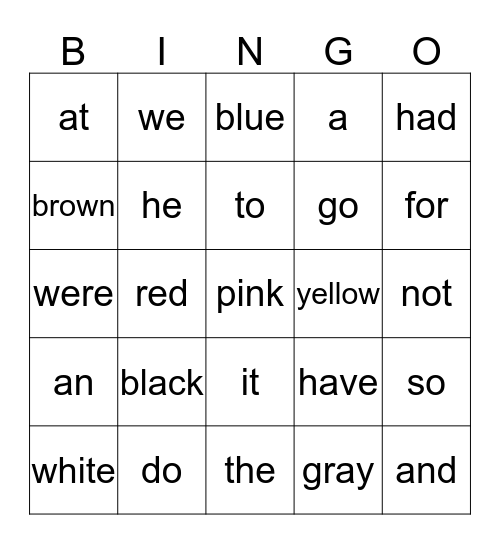Sight Word Bingo Card