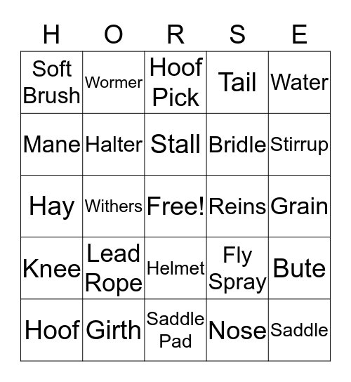 Jake E's Horse Bingo Card